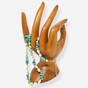 Hand-Beaded Boho Necklace: Turquoise, Aventurine & Faux Pearl Gemstone Jewellery