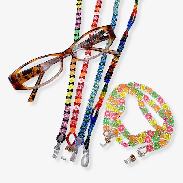 Beaded Daisy Eyeglass Lanyard or Holder - Eyeglass Leash- Rainbow Neon Eyeglass Chain- Ethnic Sunglasses String- Woven Eyewear Holder-Boho