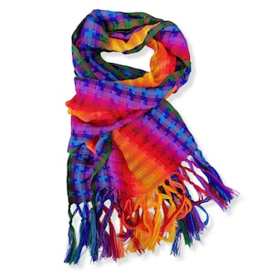 Woven Rainbow Scarf | Guatemalan Scarf | Bohemian Rainbow Shawl | Light Weight Wrap Around | Artisan Made | Scarf With Tassels