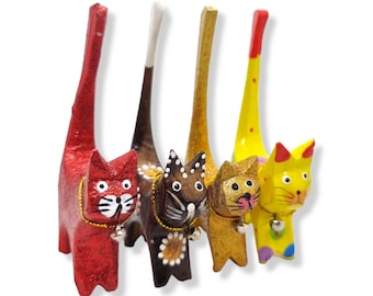Wooden Cat Ring Holders, Glitter Colours, Set of 4, Carved Wood Figurines, Cat Decoration, Animal Lovers, Sparkly Ring Holder, Handmade