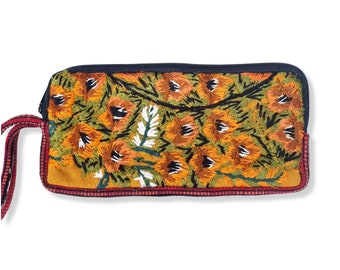 Boho Embroidered Clutch | Floral Wristlet Purse | Ethnic Phone Holder | Mustard & Brown Colors | Hippie Eyeglasses Case | Multi Use Bag