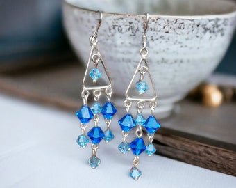 Blue Cascade Earrings, Elegant Two-Tone Dangle With Clear Crystal Beads, Silver Frame & Hooks, Chic Drop Minimalist Jewellery