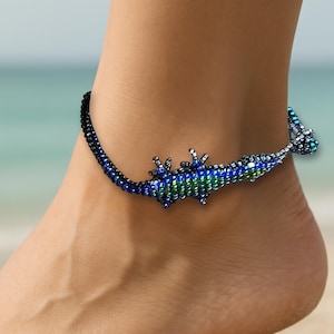Handmade Gecko Beaded Anklet from Guatemala – Lizard Design Beach Jewellery – Boho Ankle Bracelet – Adjustable Seed Bead Anklet Gift