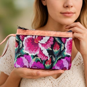 Floral Wristlet Purse - Handmade Guatemalan Embroidered Clutch with Leather Trim, Orchid & Tulip Design, Ethnic Cosmetics Bag, Fair Trade