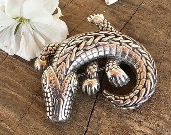 Alligator Brooch, Sterling Silver Vintage 1950's, Hand Crafted In Central Mexico Artisan Made, Animal Brooch, Animal Lovers, Silver Gift