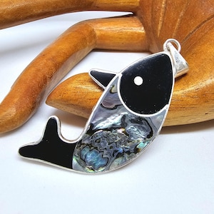 Fish Pendant, Abalone Shell Inlay, Black Silver Mosaic, Ocean Lover Present