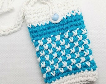 Crochet Pouch- Change Purse- Gift for her- Boho Coin Purse- Coin Purse- Blue and White Pouch- Credit Card Holder- Crochet Small Bag-Handmade