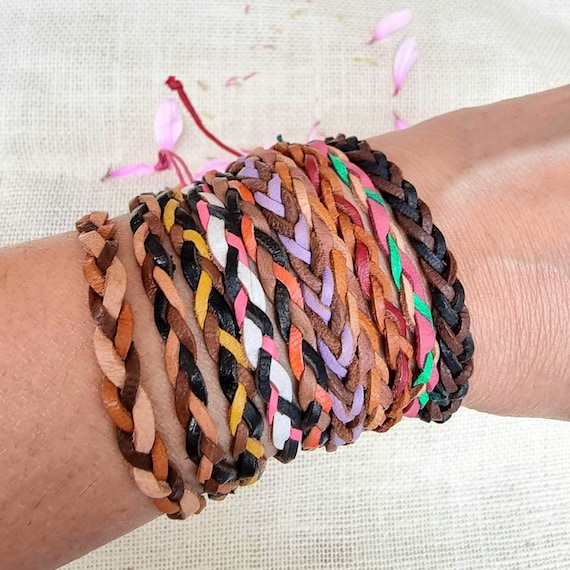 Plaited Duo Leather Bracelets, Braided, single or Set of 2, Unisex, Boho Chic,  Plain Leather Wristband, Handmade Leather Braided Bracelet,