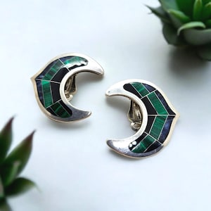 Vintage 1950s Malachite Clip On Mexican Earrings, Crescent Moon, Design Sterling Silver with Genuine Malachite, Lapis Lazuli, and Black Onyx