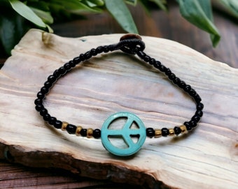 Faux Turquoise Peace Sign Bracelet - Handmade Beaded Bracelet with Black & Brown Seed Beads, Hippie Style Jewellery, Gift for Friends