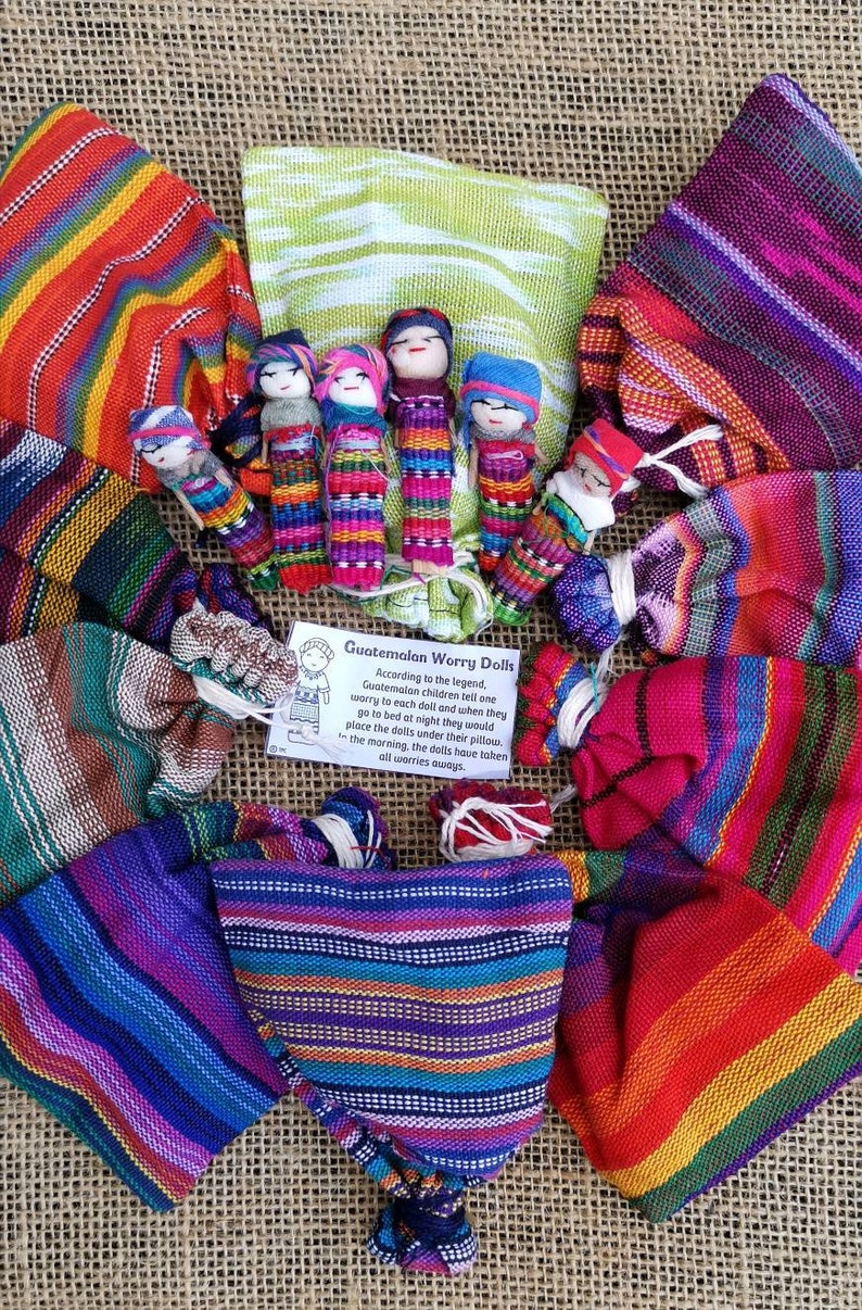 Worry Dolls-6 Dolls 1 Bag-Guatemalan-Large doll-Trouble dolls-Worry People-Best friend gift-Birthday Gift-Anxiety Gift-Worry Doll-Ethnic image 5