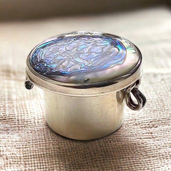 Sterling Silver Pill Box With Abalone Shell Top, 1950s Vintage, Jewellery Storage, Gift For Her, Mexican Silver Box, Medicine, Ring Holder