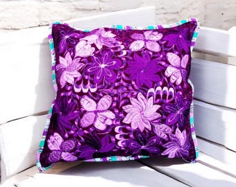Handmade Floral Huipil Cushion Cover - Guatemalan Boho Pillow - Tribal, Ethnic Design in Purple Colour Tribal Pattern-Ethnic Decor