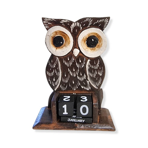 Wooden Owl Calendar | Cat Calendar | Perpetual Calendar | Hand Carved | Brown Blue Colour | Standing Owl Calendar | Bobo Chic Style|Handmade