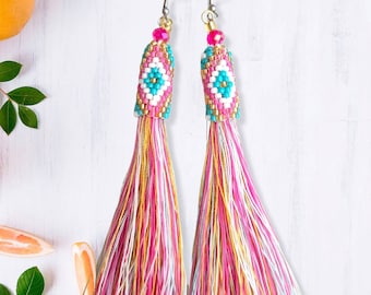 Beaded Earrings / Miyuki Bead Earrings/ Diamond Design /  Dangle Miyuki Earrings With Tassels / Bohemian Tassel Dangle Earrings for Women