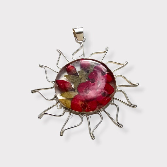 Sterling Silver Sun Shape Pendant, with Dried Poppy Flowers Encapsulated in Resin Mexican Artisan Shining Sun Design Jewellery