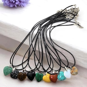 Natural Gemstone Heart Pendant Necklace – Boho Handmade Jewellery with Faux Wax Leather Cord – Perfect Gift for Her, Birthday or Anniversary