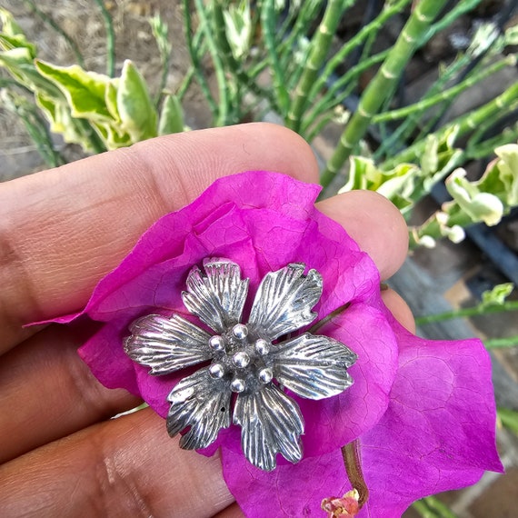 Vintage 1950's Sterling Silver Hibiscus Brooch | Artisan Made Floral Pin | Silver Gift for Nature Lovers | Handcrafted Botanical Jewelry