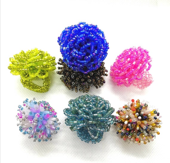 Beaded Flower/Pompom Cluster Ring