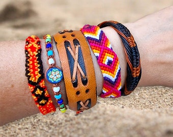 Men Bracelet Set - Bracelet Style Pack - Leather And Cotton Bracelet - Boho Hippie Style - Summer Beach Boys - Reggae Style Look -Small Gift