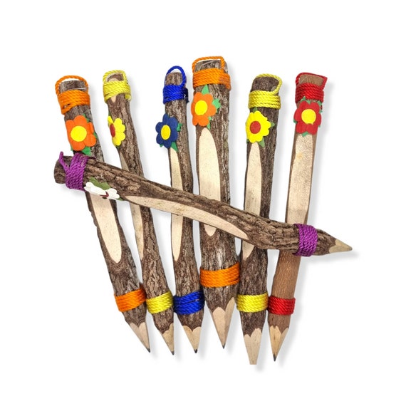Twig Wooden Pencils, Set of 3 Wooden Twig Pencils, Rustic Wooden Pencils, Fair Trade Pencils, Thai Wood Pencils, With Floral Decorations