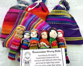 Sorgenpuppen-6 Puppen 1 Tasche-Guatemala-Große Puppe-Trouble Dolls-Sorge Leute-Bester Freund Geschenk-Geburtstag Geschenk-Angst Geschenk-Sorge Puppe-Ethno