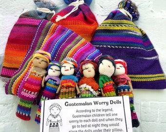 Worry Dolls-6 poupées 1 sac-guatémaltèque-grande poupée-poupées à problèmes-Worry People-Cadeau meilleur ami-Cadeau d'anniversaire-Cadeau anxiété-Worry Doll-Ethnique