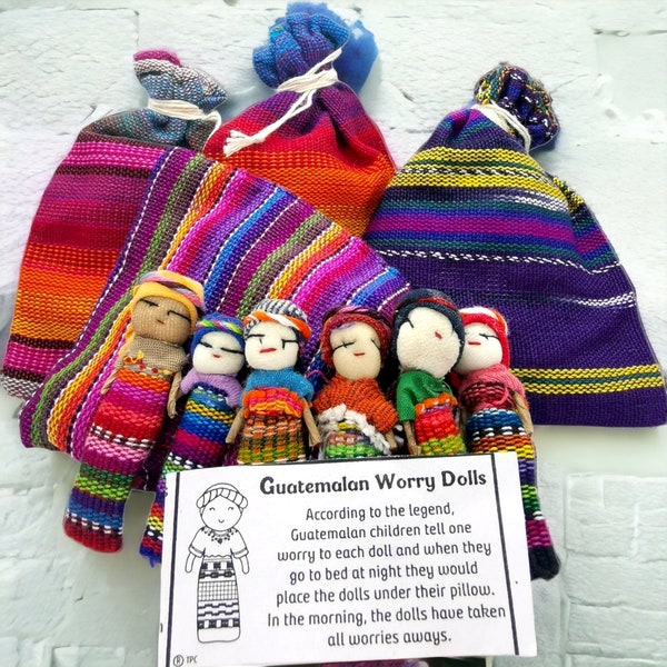 Worry Dolls-6 poupées 1 sac-guatémaltèque-grande poupée-poupées à problèmes-Worry People-Cadeau meilleur ami-Cadeau d'anniversaire-Cadeau anxiété-Worry Doll-Ethnique