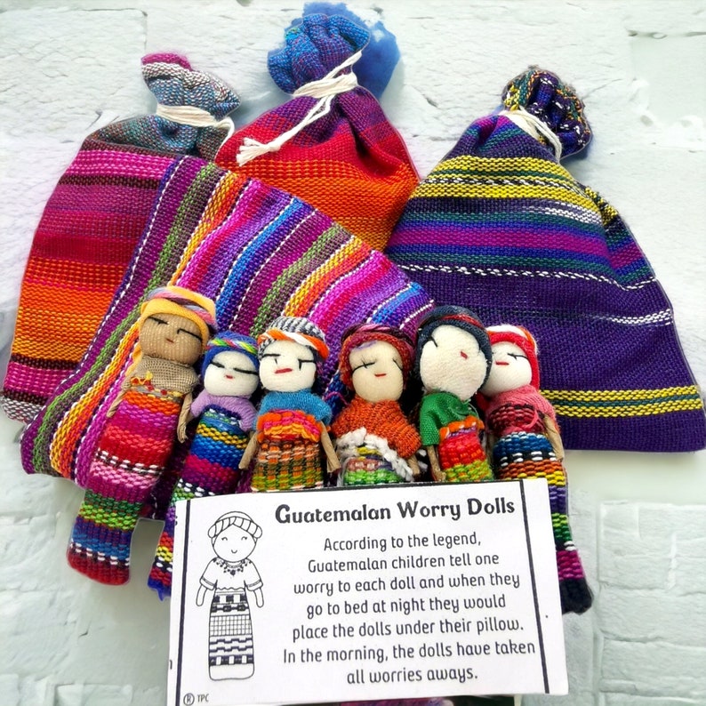 Worry Dolls-6 Dolls 1 Bag-Guatemalan-Large doll-Trouble dolls-Worry People-Best friend gift-Birthday Gift-Anxiety Gift-Worry Doll-Ethnic image 1