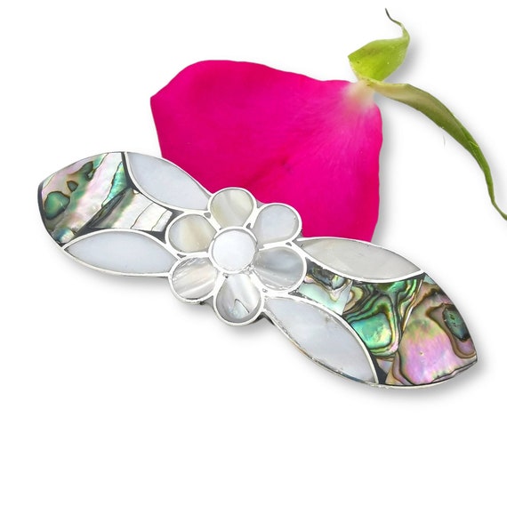 Mother of Pearl Hair Barrette, Daisy Design, Abalone Shell Hair Clip, Silver Plated, Mexican Jewelry, Shell Hair Jewellery, Shell Barrette