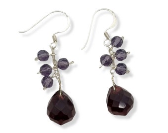 Glass Teardrop Earrings/ Drop Dangle Earrings/ Amethyst Colour Earrings/ Cluster Teardrop Dangles/ Dainty Earrings/ Gift for Her