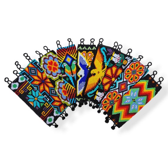 Huichol Beaded Loom Bracelet, Eagle, Parrot, Floral, Wrap Wide Cuff,  Bohemian Jewelry Native American Inspired, Eco Friendly Jewellery