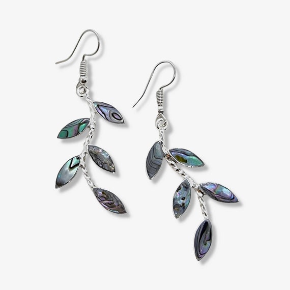 Hanging Leaves Mexican Earrings With Abalone Shell Inlay