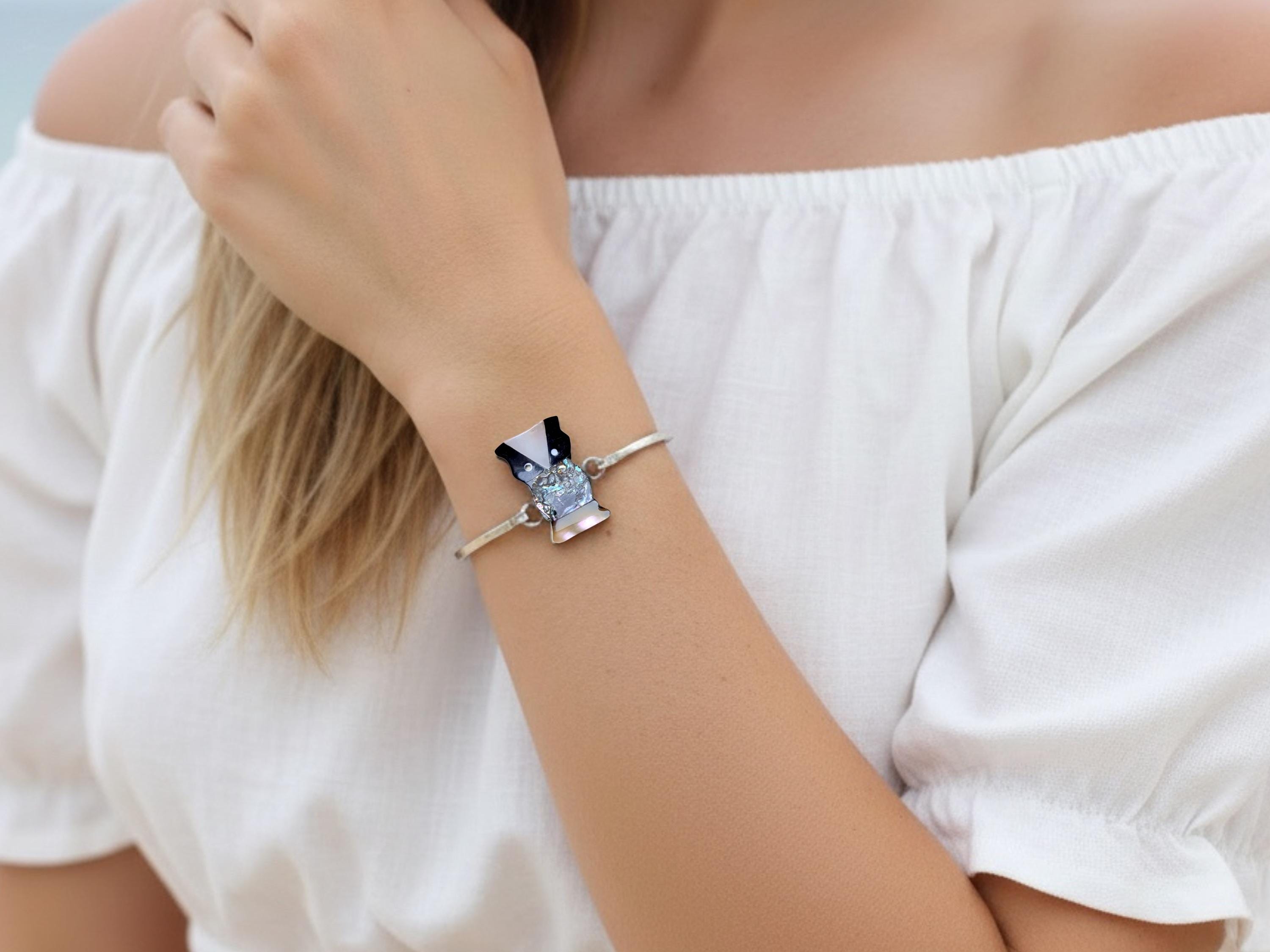 Taxco Silver Bangle, Abalone Owl Charm, Shell Inlay, Made in Mexico, Owl Lover Gift