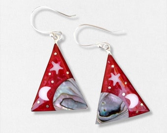 Celestial Earrings, Landscape Earrings, Red, Abalone Inlay, Triangular Earrings, Starry Night Design, Silver Plated, Star Moon Earrings