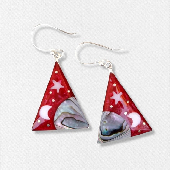 Celestial Earrings, Landscape Earrings, Red, Abalone Inlay, Triangular Earrings, Starry Night Design, Silver Plated, Star Moon Earrings