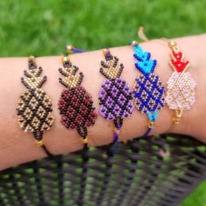 Pineapple Miyuki Delica Seed Bead Friendship Bracelet – Tropical Fruit Charm - Bead Bracelet, Fruit Themed Jewellery