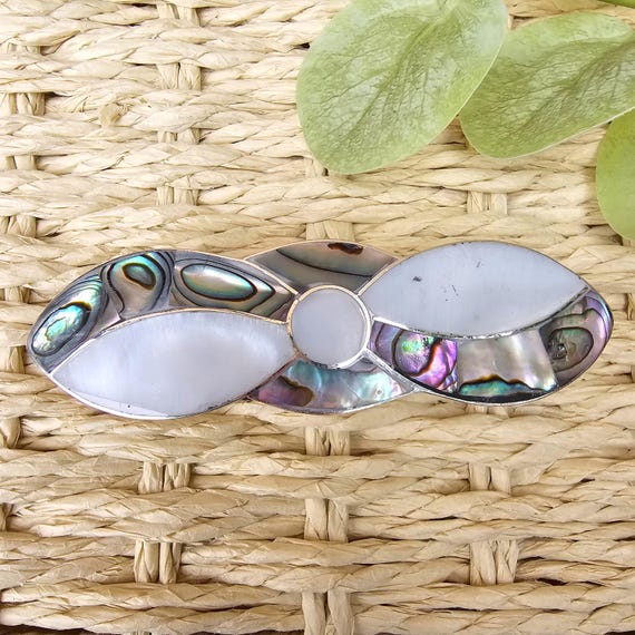 Silver Abalone Hair Barrette Abalone Shell Hair Clip, Floral Design, Mexican Hair  main image 2