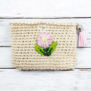 Porte-monnaie en coton fait main au crochet avec décoration florale brodée - Couleur beige - Pochette à monnaie, porte-cartes de crédit, cadeau unique pour elle