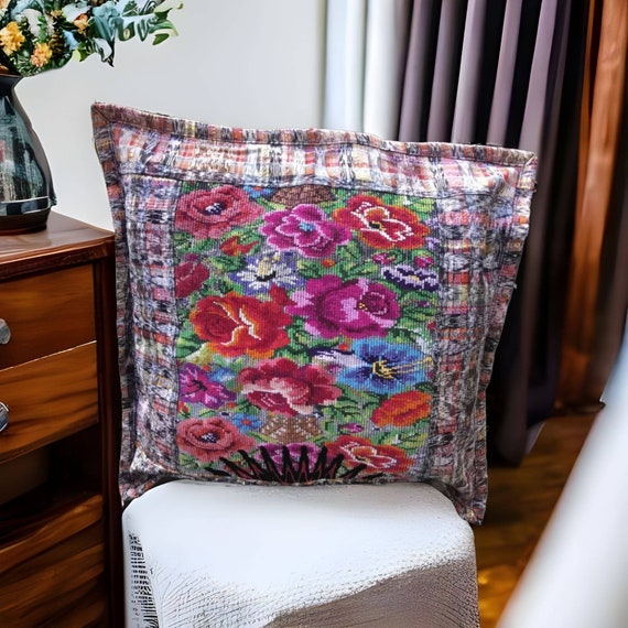 Floral Cushion Cover-Guatemalan Cushion-Huipil Pillow Cover- Boho Cushion - Rose Design Cushion Cover- Tribal Pattern- Ethnic Tribal Pattern