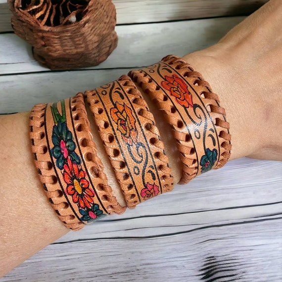 Leather Wrap Bracelet- Painted Rose Motif- Boho Chic Arm Jewelry- Barbed Wire Rose- Butterfly Design- Adjustable Size, Soft Brown Leather
