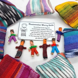 Bambole di preoccupazione guatemalteche, 6 bambole in una borsa, bambole di difficoltà per alleviare lo stress, bomboniere per bambini, regalo premuroso per un amico, regalo calmante per l'ansia immagine 3