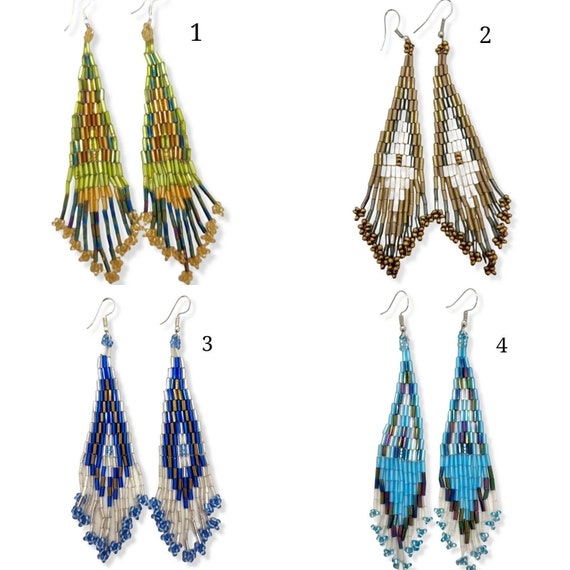 Huichol seed Beaded Earrings- Mexican Tassel Earrings- Long Dangle Earrings- Ethnic Tribal Earrings- Boho Chic Earrings-  Cascade Earrings