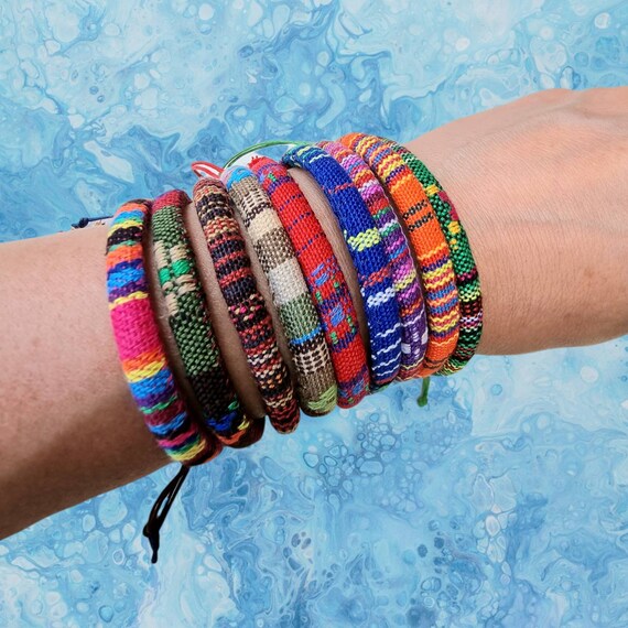 Surfer Bracelet/ Beach Bracelet/ Fabric Tube Bracelet/ With Adjustable Sliding Knot/ Guatemalan Wristband/ Bohemian Ethnic Bracelet/ Tribal