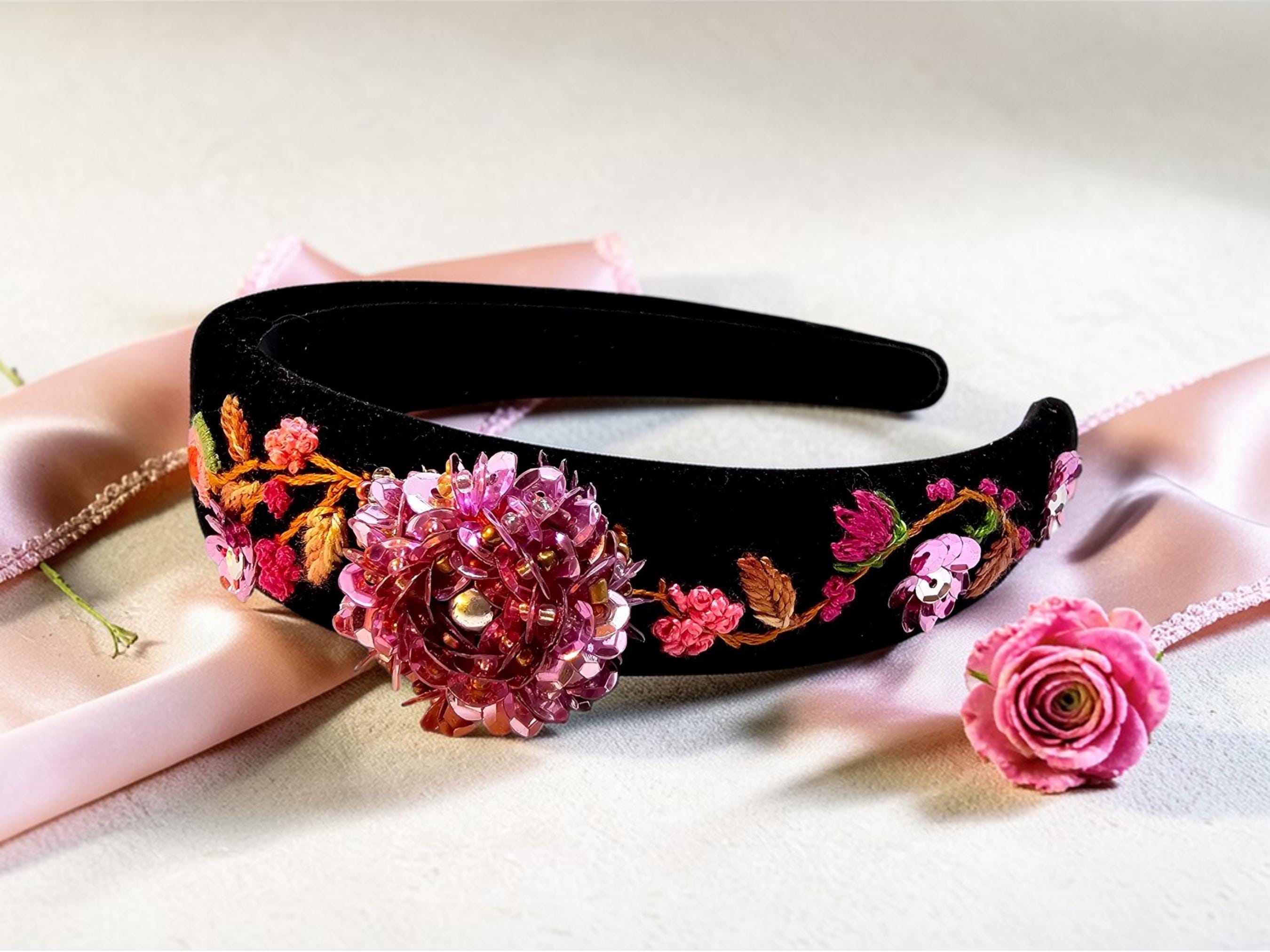 Beaded Floral Statement Headband Blue Pink Embellished Padded Headband NWT Blue Headband Beaded | Blue Headband | QueenMee Accessories main image 4