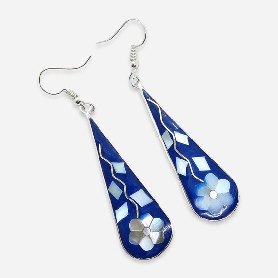 Blue Floral Teardrop Earrings, With Abalone Shell Inlay