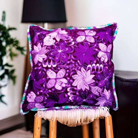 Floral Cushion Cover-Guatemalan Cushion-Huipil Pillow Cover-Boho Cushion Cover-Purple Color-Huipil Cushion Cover-Tribal Pattern-Ethnic Decor