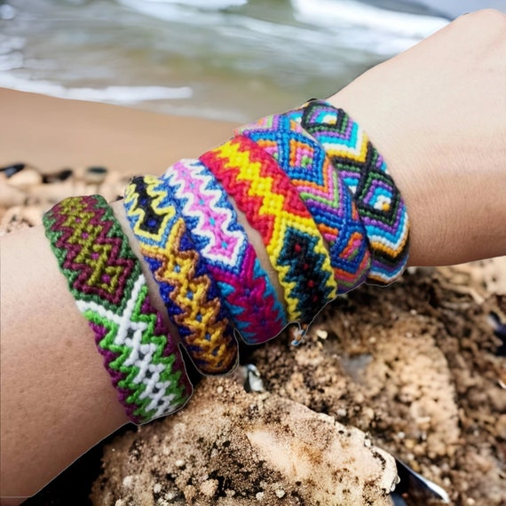 Woven Friendship Bracelets Set of 4 Cotton Silk String Bands Glass Wristband