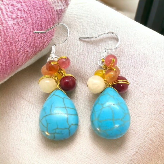 Howlite Reconstituted Teardrop Earrings with Agate and Citrine Cluster Gemstones Mix