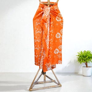 Handmade Cotton Sarong, Balinese Pareo, Sarong Wrap, Sarong Skirt, Floral Stamped, Orange Colour, Light Weight  Sarong, Handmade